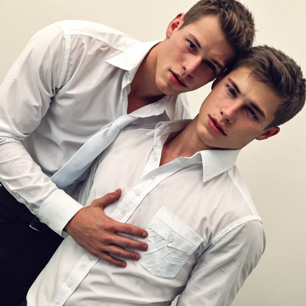 2 hot guys, wearing a white button up shirt, detailed, hotbromance 