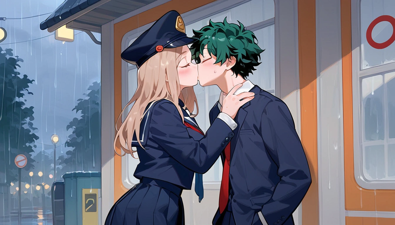 anime artwork, score_9, score_8_up, score_7_up, score_6_up, score_5_up, score_4_up, r,Camie Utsushimi, light brown hair, dark brown eyes,, breasts, , big breasts,  (school uniform:1.2), standing, cap, she is 24 years old,   wet whirt, ,horny, , , white stockings,  style_3, 1boy, Izuku Midoriya,  kissing, at the bus stop, outdoors, raining,  blush, wet, dark atmoshpere,  closed eyes, They are completely soaked, evening, gaps in the clouds, his hands on her hips