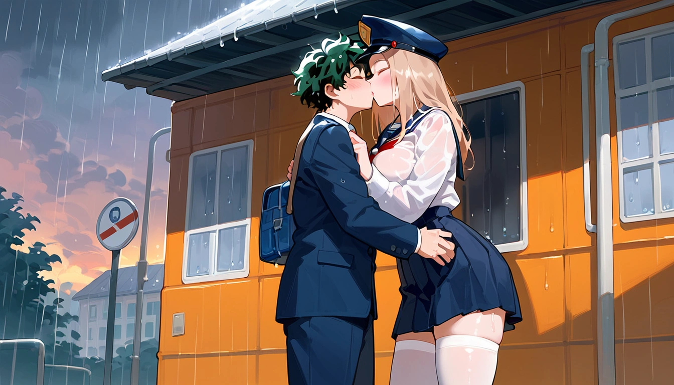 anime artwork, score_9, score_8_up, score_7_up, score_6_up, score_5_up, score_4_up, r,Camie Utsushimi, light brown hair, dark brown eyes,, , , big breool uniform:1.2), standing, cap, she is 24 years old, wet whirt, ,horny, , , white sngs, style_3, 1boy, Izuku Midoriya, kissing, at the bus stop, outdoors, raining, blush, wet, dark atmoshpere, closed eyes, They are completely soaked, evening, gaps in the clouds, his hands on her hips
