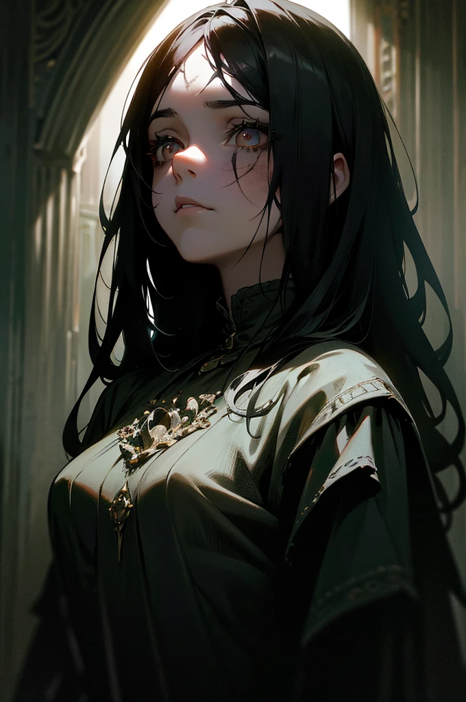 a girl in a dark setting, long black hair, mask, scar on cheek, hollow eyes, silver eyes, expressionless, cinematic, beautiful, 1girl, highres, masterpiece, photo-realistic, dramatic lighting, chiaroscuro, moody, dark atmosphere, gothic, intricate details, dramatic pose, cinematic framing