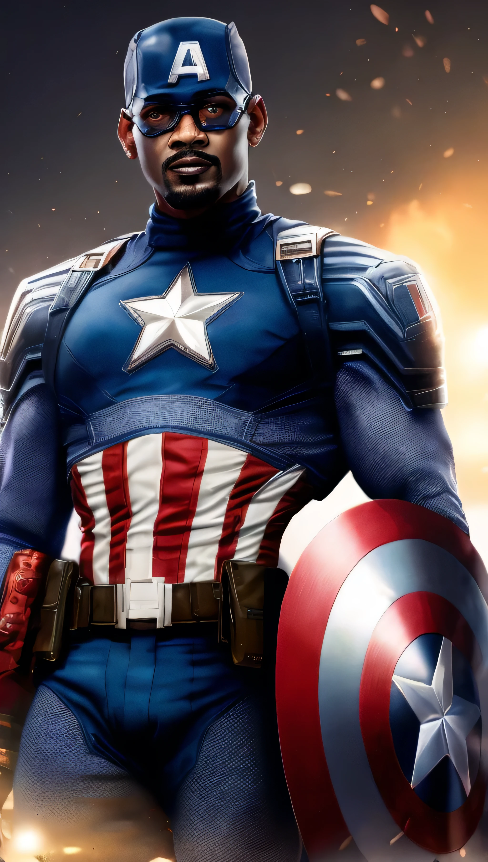 . Tarantino style Will Smith as Captain America 8k, high definition, detailed face, detailed face, detailed eyes, detailed suit, in style of marvel and dc, hyper-realistic, + cinematic shot + dynamic composition, incredibly detailed, sharpen, details + superb details + evening with light + perfectionism + award winning realism ((moody lighting))