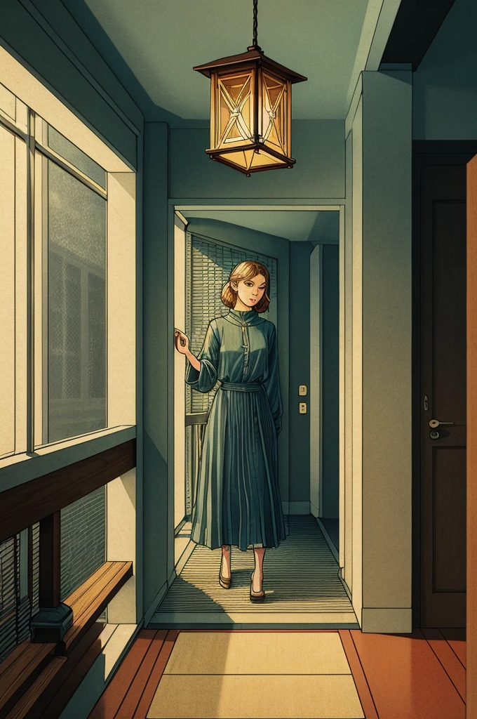 masterpiece,illustration,(muted color,partially colored:0.8),hand_drawn,detailed linear hatching\(texture\),official art,recolored,flat color,indoors,isometric,porch,retro and sci-fi,fireflies,lantern