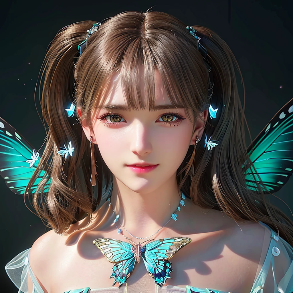 wearing butterfly decoration, butterfly decor, butterfly earring, butterfly hairband, beautiful fairy, beautiful fairy portrait, fantasy concept,pretty girl face,photo realism, cinematic rendering, ray tracing, highest quality, highest detail, Cinematic,8K, Ultra-HD, Natural Lighting,