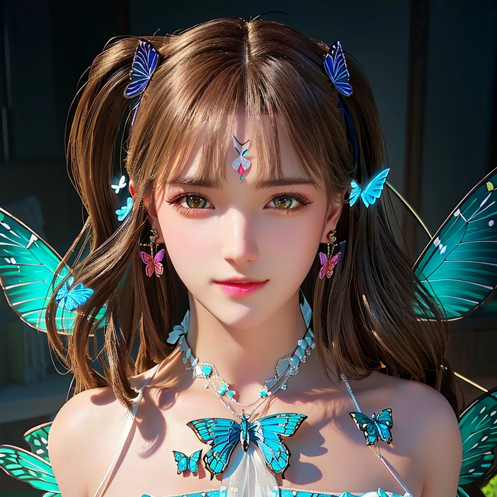 wearing butterfly decoration, butterfly decor, butterfly earring, butterfly hairband, beautiful fairy, beautiful fairy portrait, fantasy concept,pretty girl face,photo realism, cinematic rendering, ray tracing, highest quality, highest detail, Cinematic,8K, Ultra-HD, Natural Lighting,