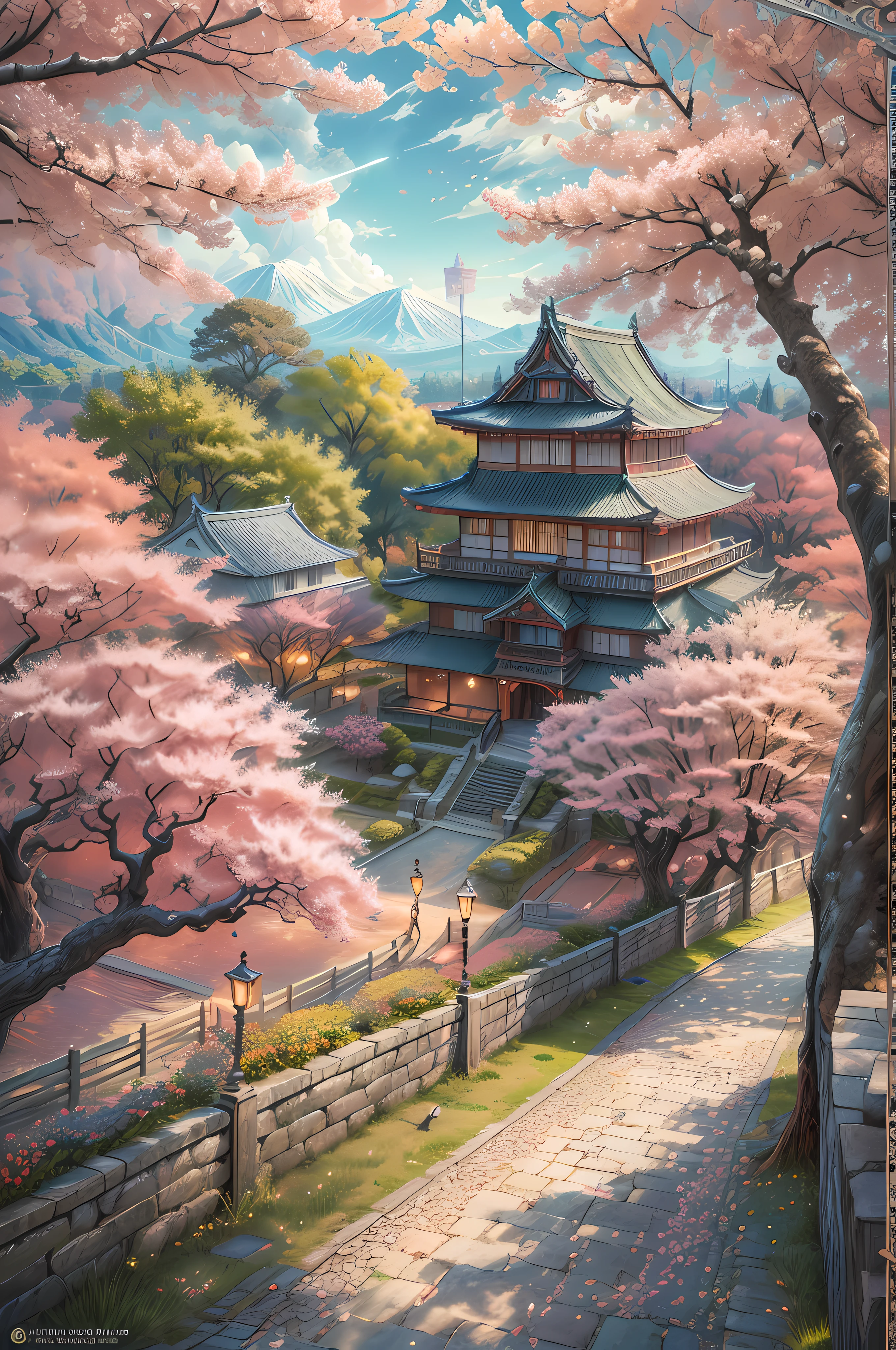 fantasy art, RPG art, an award winning, National Geographic illustration, of an ancient Japanese boulevard leading to Japanese castle, the boulevard has blossoming (cherry trees: (best details, Masterpiece, best quality: 1.5), the street is lit by (torches: 1.3) that sheds firelight on the trees, the sun is setting behind the castle (best details, Masterpiece, best quality: 1.5),, the castle has many towers, turrets and flags, boulevard 16k, ultra detailed, masterpiece, best quality, (extremely detailed