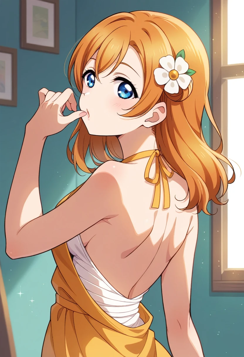 Honoka kousaka love live, cowboy shot, blue eyes, orange hair,hair flower, solo, from behind, looking back, ((short silver bodycon dress)), strapless,latex, cute smile , hair ornaments, (curvy body), standing for interview,red carpet, micro skirt, perfect eyes, Perfect iris，Perfect skin，Soft front light,（pastel colour:1.2),(lipstick:0.8) ,sexy pose,wink, standing, mommy,low twintails, Long hair 