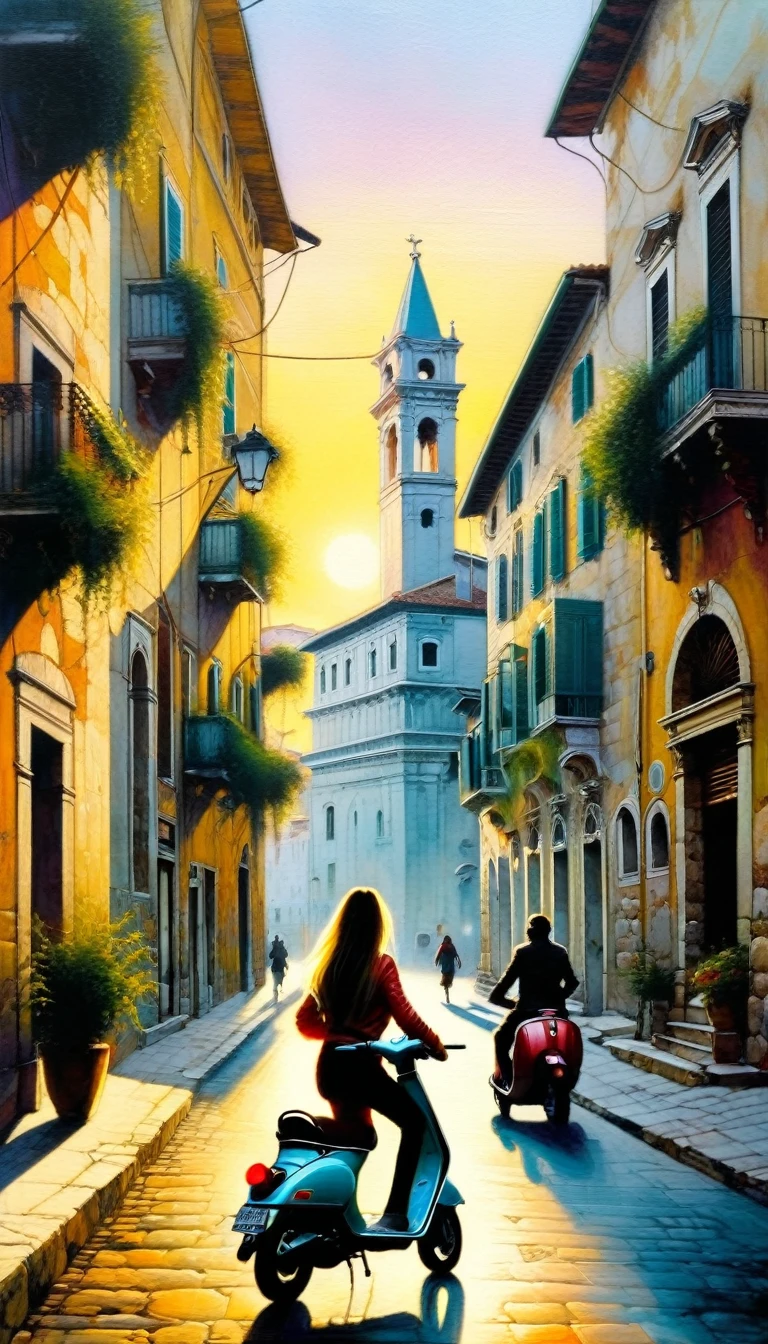 street of a classic Italian stone town: 1.5, sunrise, great detail of buildings, towers, pretty 1girl on 1scooter in the scene (art inspired by Bill Sienkiewicz). oil painting)