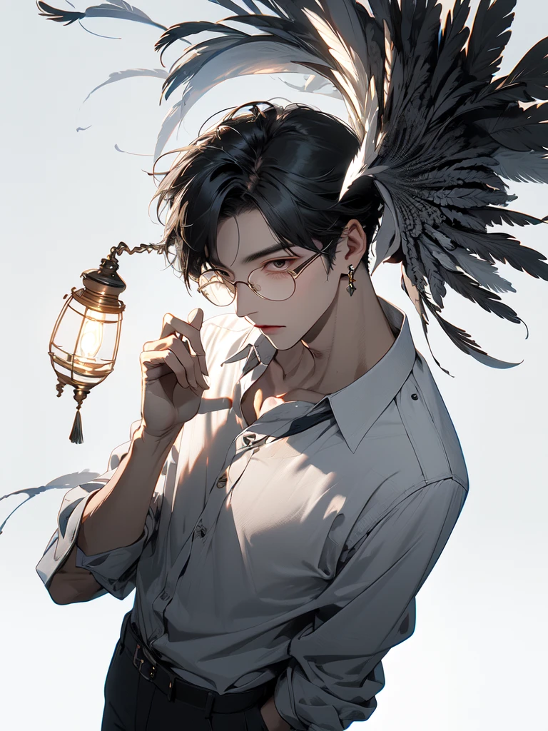 (Masterpiece:1.2), best quality,realistic,mid trip,
1 boy, glove, focus man, feather pen, glasses, decorations, earring, สายรัดglasses, white background, black hair, glassesข้างเดียว, Holding, black glove, short hair, hands in pocket, book, shirt, long sleeve, พื้นหลังที่smoothง่าย, look at viewer, tassel, hair between the eyes, Many perspectives, lamp, smooth, collared shirt, paper, earringเดี่ยว, shirtโค้ท, trousers, black shirtโค้ท, glassesทรงกลม, gag, alone
 