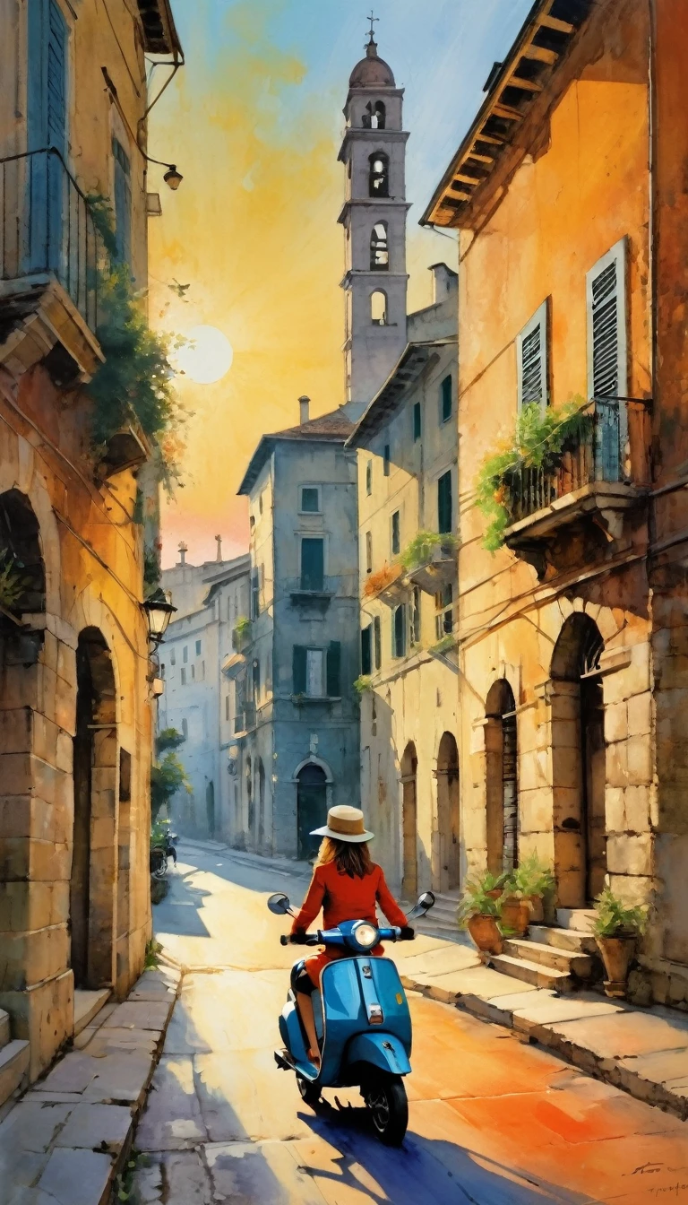 street of a classic Italian stone town: 1.5, sunrise, great detail of buildings, towers, pretty 1girl on 1scooter in the scene (art inspired by Bill Sienkiewicz). oil painting)
