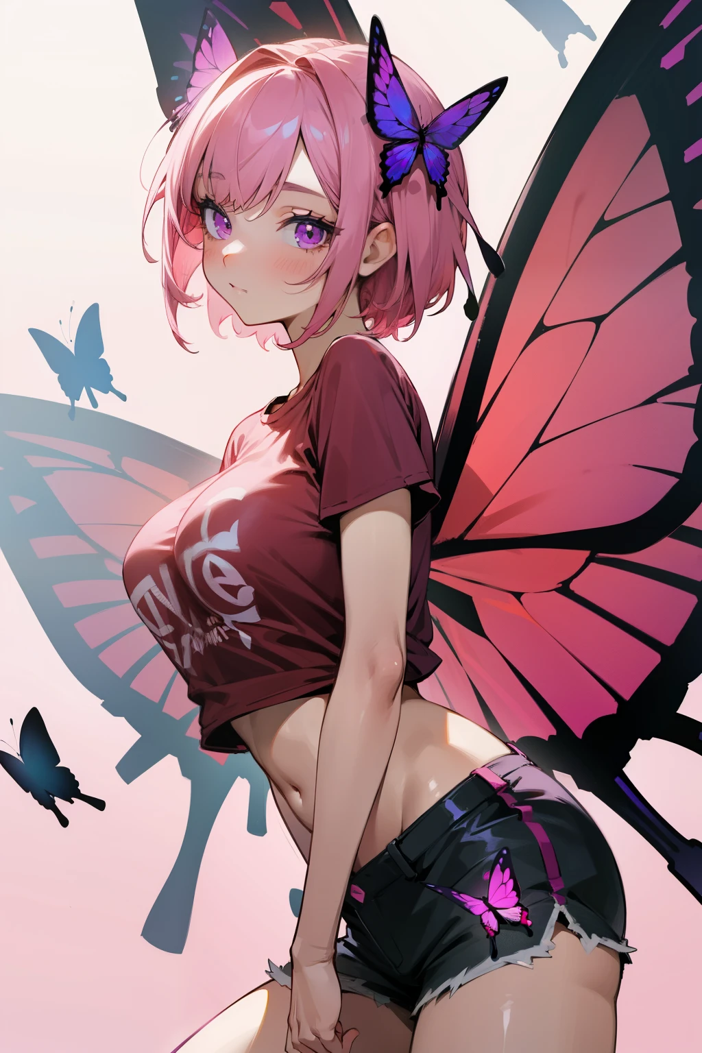 A nice girl, Short pink hair, Violet eyes, Butterfly antennae, Hair tie, Butterfly wings, red t-shirt, Shorts, Big breasts,