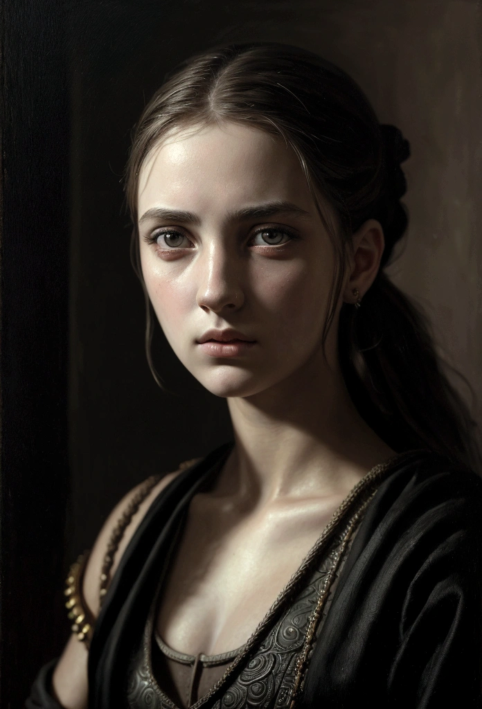 1girl,ancient greek philosopher,deep introspective gaze,piercing eyes,chiaroscuro lighting,dramatic shadows,moody atmosphere,oil painting,photorealistic,highly detailed,cinematic composition,masterpiece