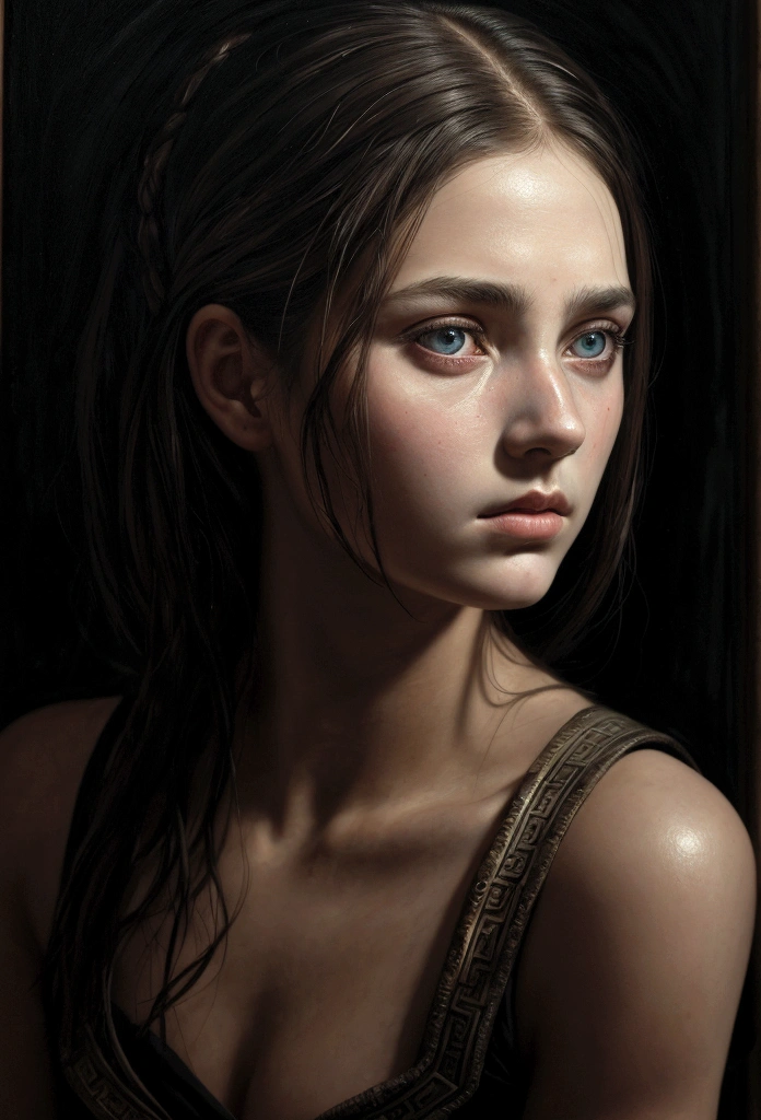 1girl,ancient greek philosopher,deep introspective gaze,piercing eyes,chiaroscuro lighting,dramatic shadows,moody atmosphere,oil painting,photorealistic,highly detailed,cinematic composition,masterpiece