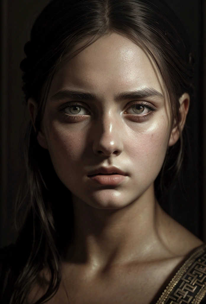 1girl,ancient greek philosopher,deep introspective gaze,piercing eyes,chiaroscuro lighting,dramatic shadows,moody atmosphere,oil painting,photorealistic,highly detailed,cinematic composition,masterpiece