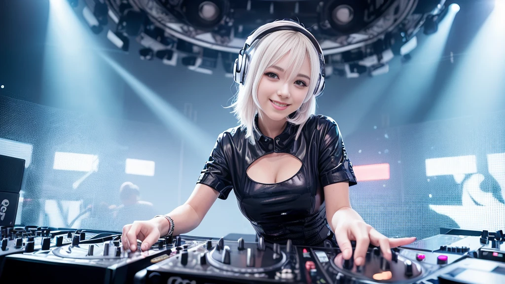 (ultra - detailed, 16K resolution, Cinema lenses, rendering by octane), (high resolution:1.18), intricate detail, (masterpiece:1.1), (highest quality:1.1), (1girl, portrait, white hair, blue eyes, short hair, detailed eyes),Wearing silver DJ headphones, Shiny silver sequined T-shirt, (Iconic hip-hop pop costumes:1.3), Smile while DJing on stage, full body shot of, The spotlight shines on the female DJ. Photorealistic photography by Disco Lighting, (cute round face:1.3), perfect fingers, five fingers, beautiful hands, perfect hands. master peace, cute smile.