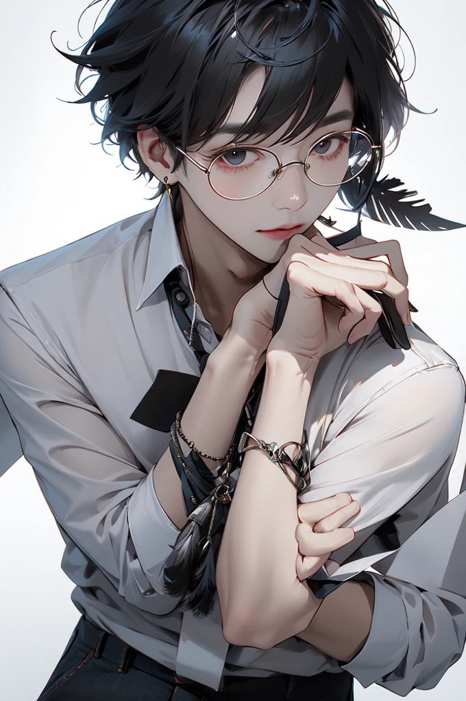 (Masterpiece:1.2), best quality,realistic,mid trip,
1 boy, glove, focus man, feather pen, glasses, decorations, earring, สายรัดglasses, white background, black hair, glassesข้างเดียว, Holding, black glove, short hair, hands in pocket, book, shirt, long sleeve, พื้นหลังที่smoothง่าย, look at viewer, tassel, hair between the eyes, Many perspectives, lamp, smooth, collared shirt, paper, earringเดี่ยว, shirtโค้ท, trousers, black shirtโค้ท, glassesทรงกลม, gag, alone