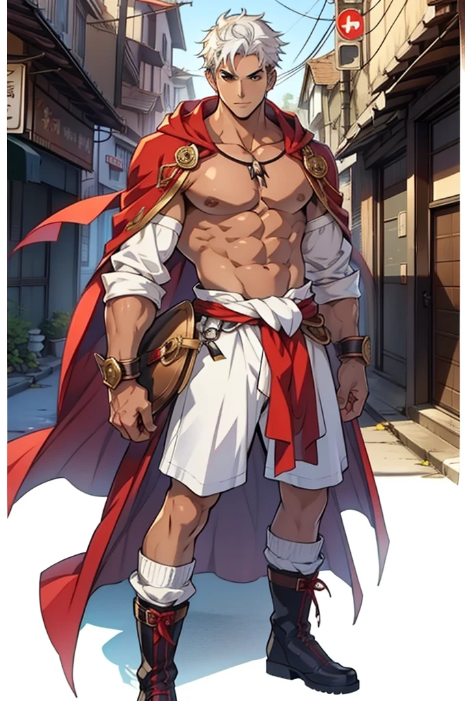 The highest image quality,male people,,ung boy,young and handsome,Shoun,white hair,short straight hair,darkskin,Anime big breast,anime wallpaper,standing alone,male focus,underpants,Dilation of the pectoral muscles,red cloak,protruding crotch,Urban Background,spread their legs,sexly,(master part, best quality),long white socks,Red Martin Boots,no shirt, green eyes.