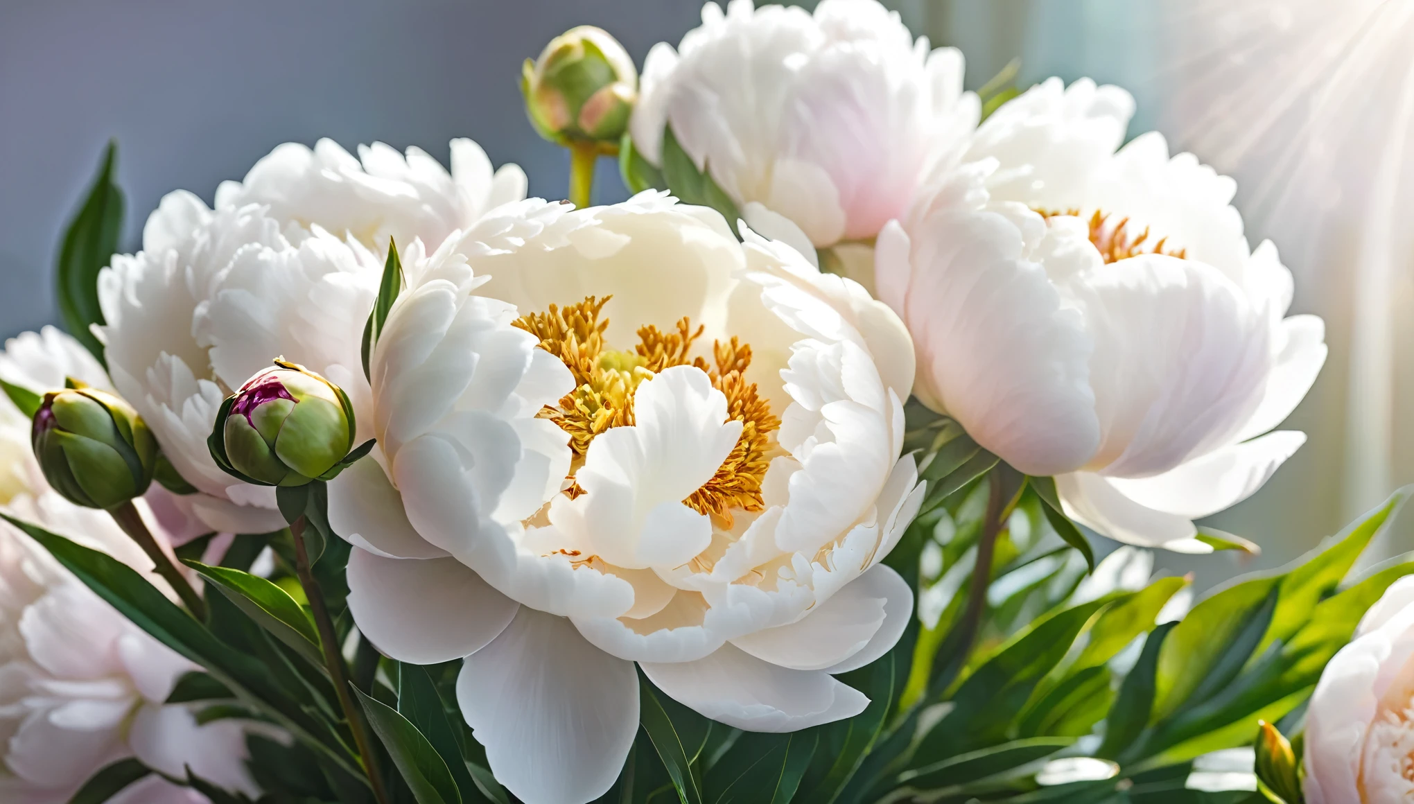 cute peony buds ,ultra detailed artistic photography ,a perfect bouquet white peonies ,sun light, ,bokeh, romantic light ,cinematic light, realistic photo, 8k