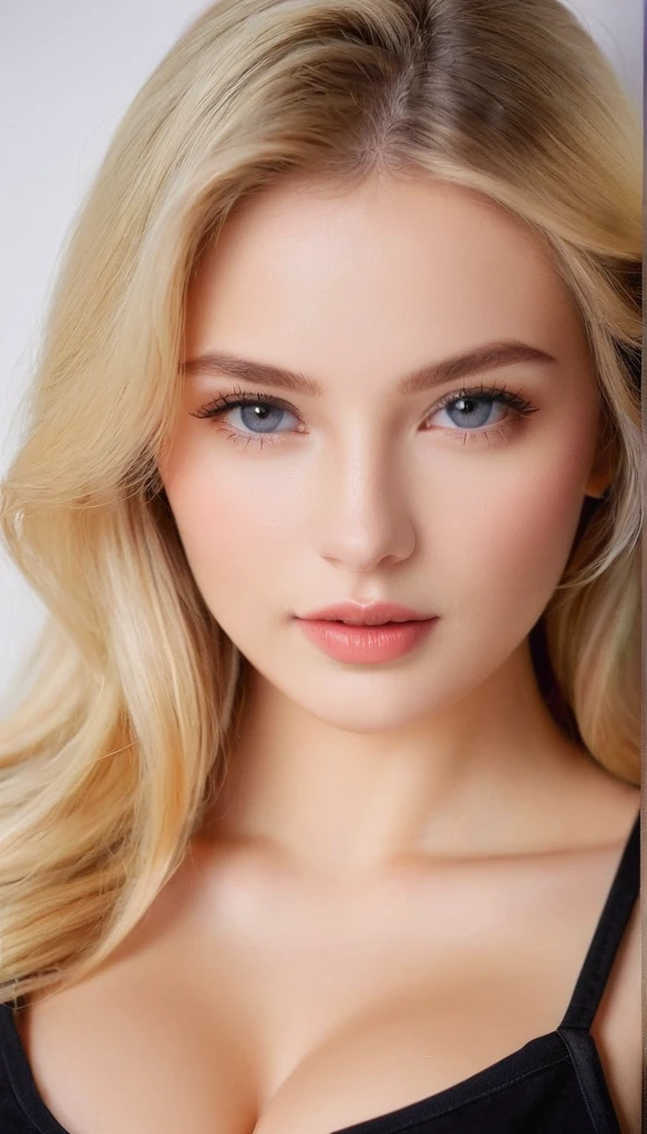 Leila、20-year-old、(Russian women)、(Cute face)、(Sexy features)、Grey Eyes、thick upper lip、Blonde medium-long hair、Large Breasts、Model Style