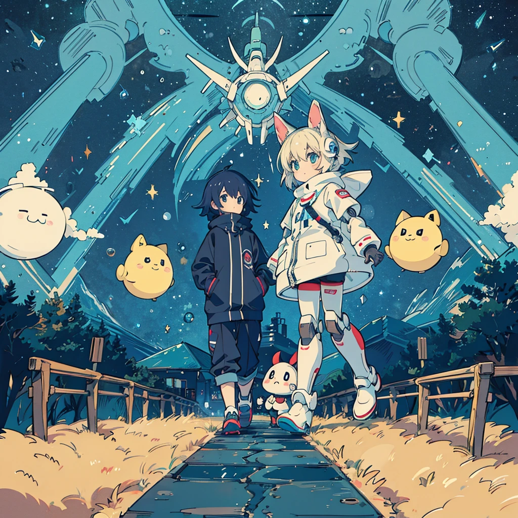 A cute Dorami-style robot walking through the night sky. anime,