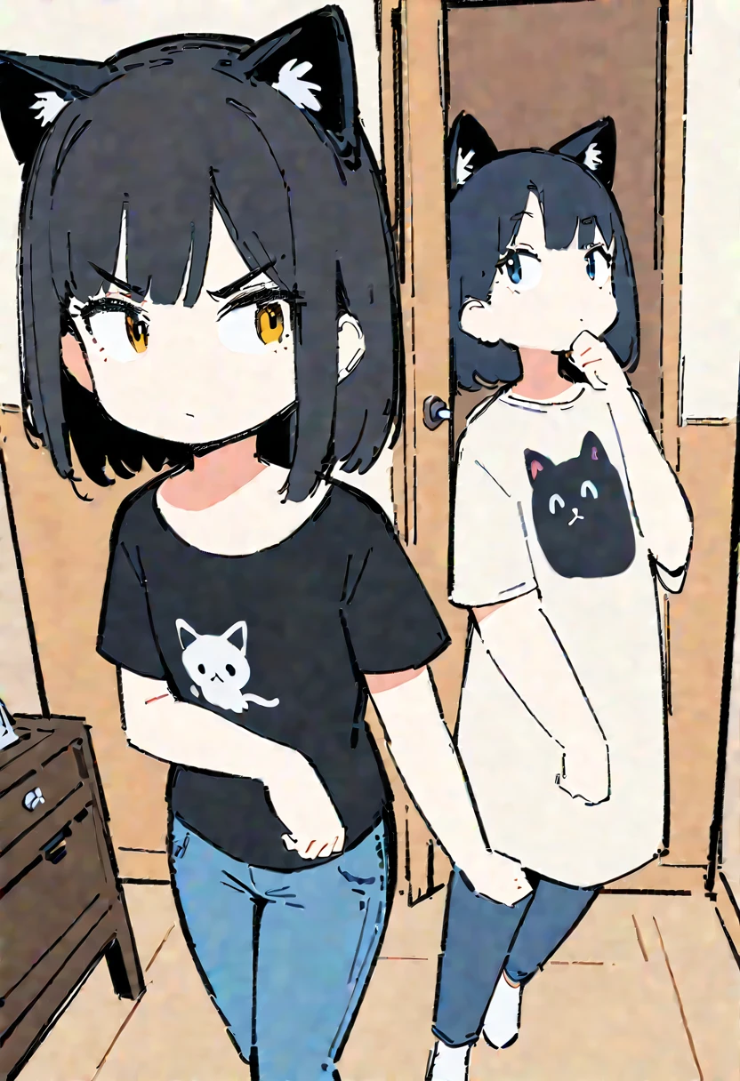 ((Thinking expression)) ,(Thick painting style),Bold line, ((masterpiece,)),(((Highest quality))),(sketch),((Girls in their 20s)),Short black hair,Black cat ears,T-Shirts,jeans,Inside the house