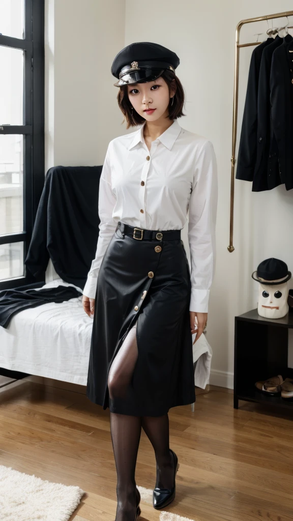 Generate a before and after image. The before is a beautiful long-haired Korean woman who is a former model and wears cute clothes. The after is the woman enlisting in the strict military. Her hair is very boyish and has an extra short haircut, shorter than the short hair of men. Her outfit is a black blazer with all the buttons fastened, a white dress shirt, a ribbon, a long black skirt, black tights, black leather shoes, and a black military cap. Both are in their own rooms.