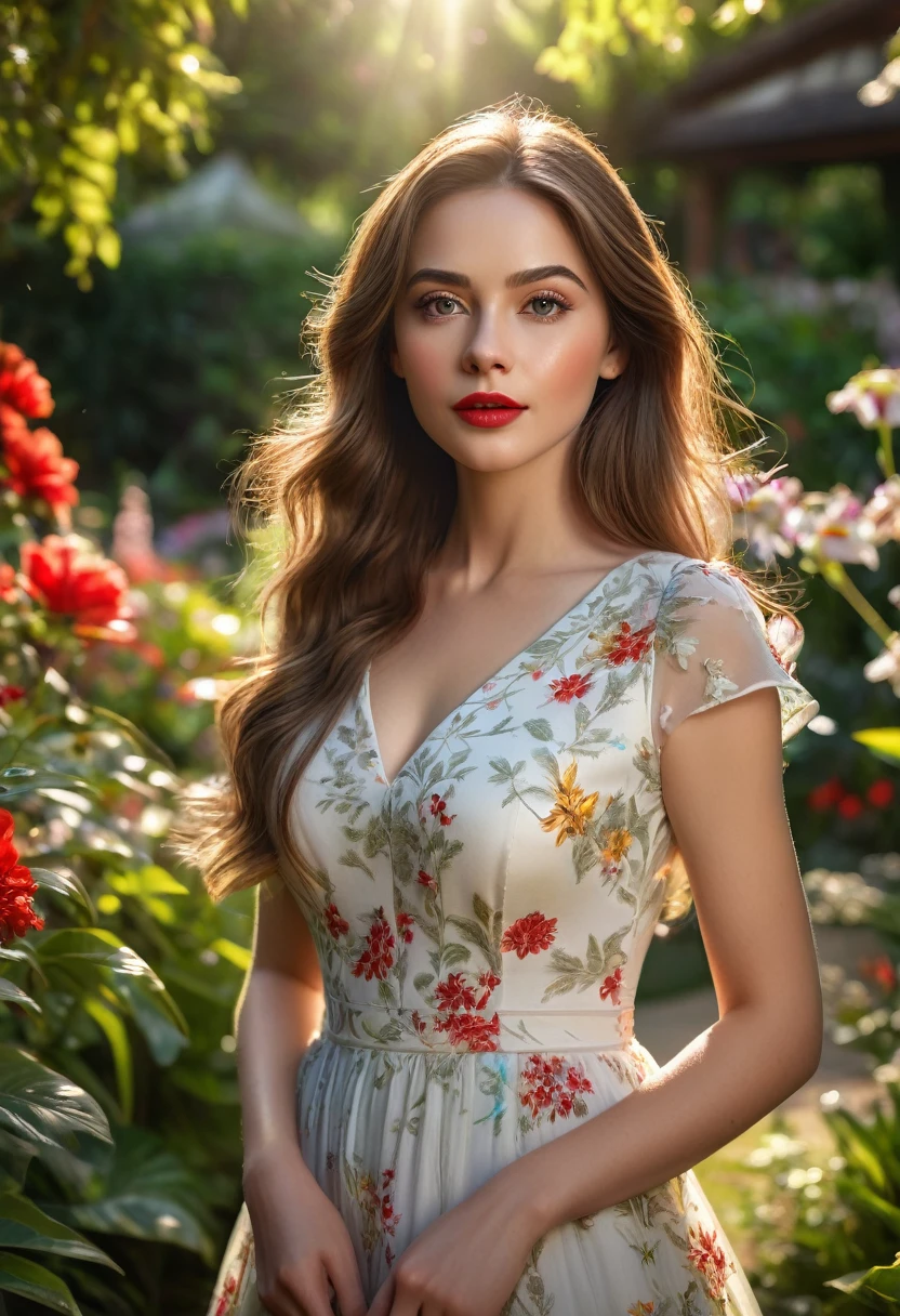 a beautiful young girl, detailed face, bright eyes, delicate facial features, long eyelashes, perfect skin, red lips, long brown hair, elegant dress, standing in a lush garden, sunlight filtering through the trees, vibrant foliage, colorful flowers, serene atmosphere, (best quality,4k,8k,highres,masterpiece:1.2),ultra-detailed,(realistic,photorealistic,photo-realistic:1.37),portrait,natural lighting,warm color tones