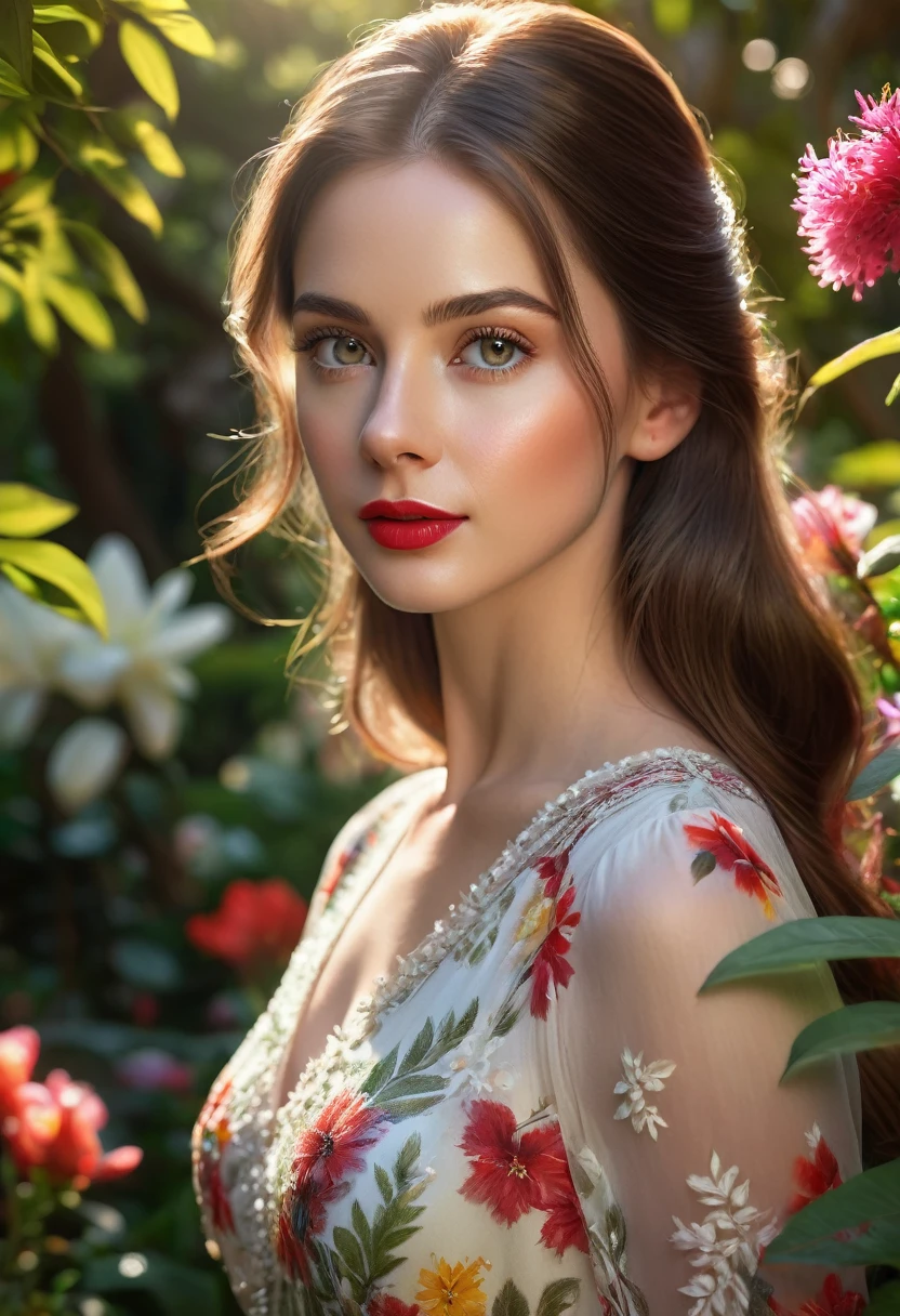 a beautiful young girl, detailed face, bright eyes, delicate facial features, long eyelashes, perfect skin, red lips, long brown hair, elegant dress, standing in a lush garden, sunlight filtering through the trees, vibrant foliage, colorful flowers, serene atmosphere, (best quality,4k,8k,highres,masterpiece:1.2),ultra-detailed,(realistic,photorealistic,photo-realistic:1.37),portrait,natural lighting,warm color tones