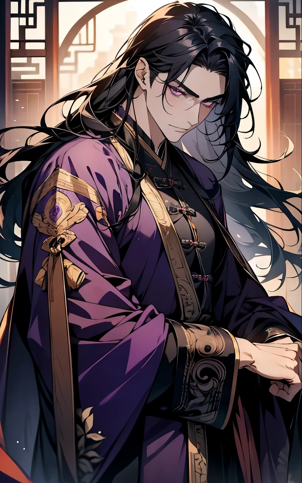 1 middle-aged man, (45 years old), long black hair, violet eyes, chinese clothes, (!PURPLE! clothes), available at purple chinese room