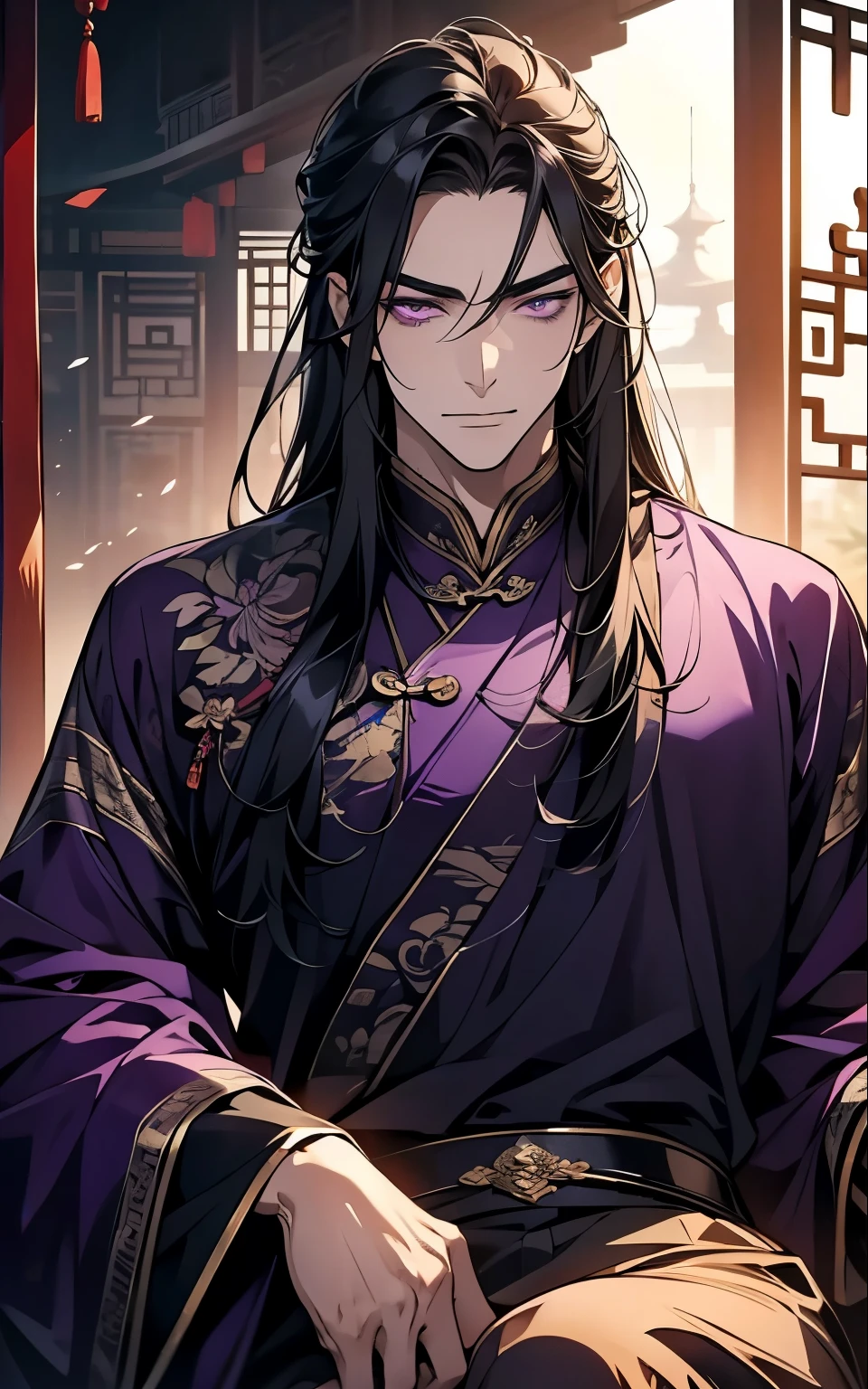 1 middle-aged man, (45 years old), long black hair, violet eyes, chinese clothes, (!PURPLE! clothes), available at purple chinese room