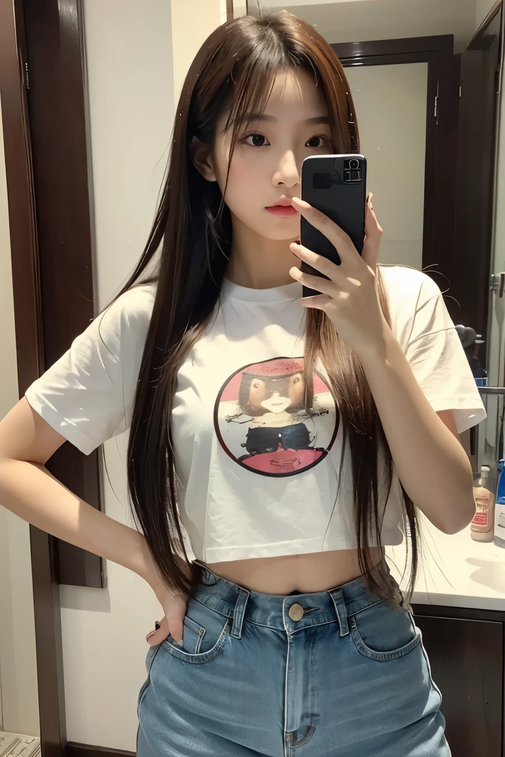 1 girl , photography, asian , ((realistic, natural, ultra realistic )), beautiful, long cruelly hair , (mirror selfie) , casual crop top t-shirt, hot pants , looking at me