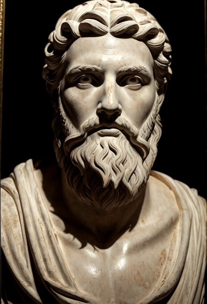 1girl,ancient greek philosopher, male with a beard, white statue, deep introspective gaze,piercing eyes,chiaroscuro lighting,dramatic shadows,moody atmosphere,oil painting,photorealistic,highly detailed,cinematic composition,masterpiece