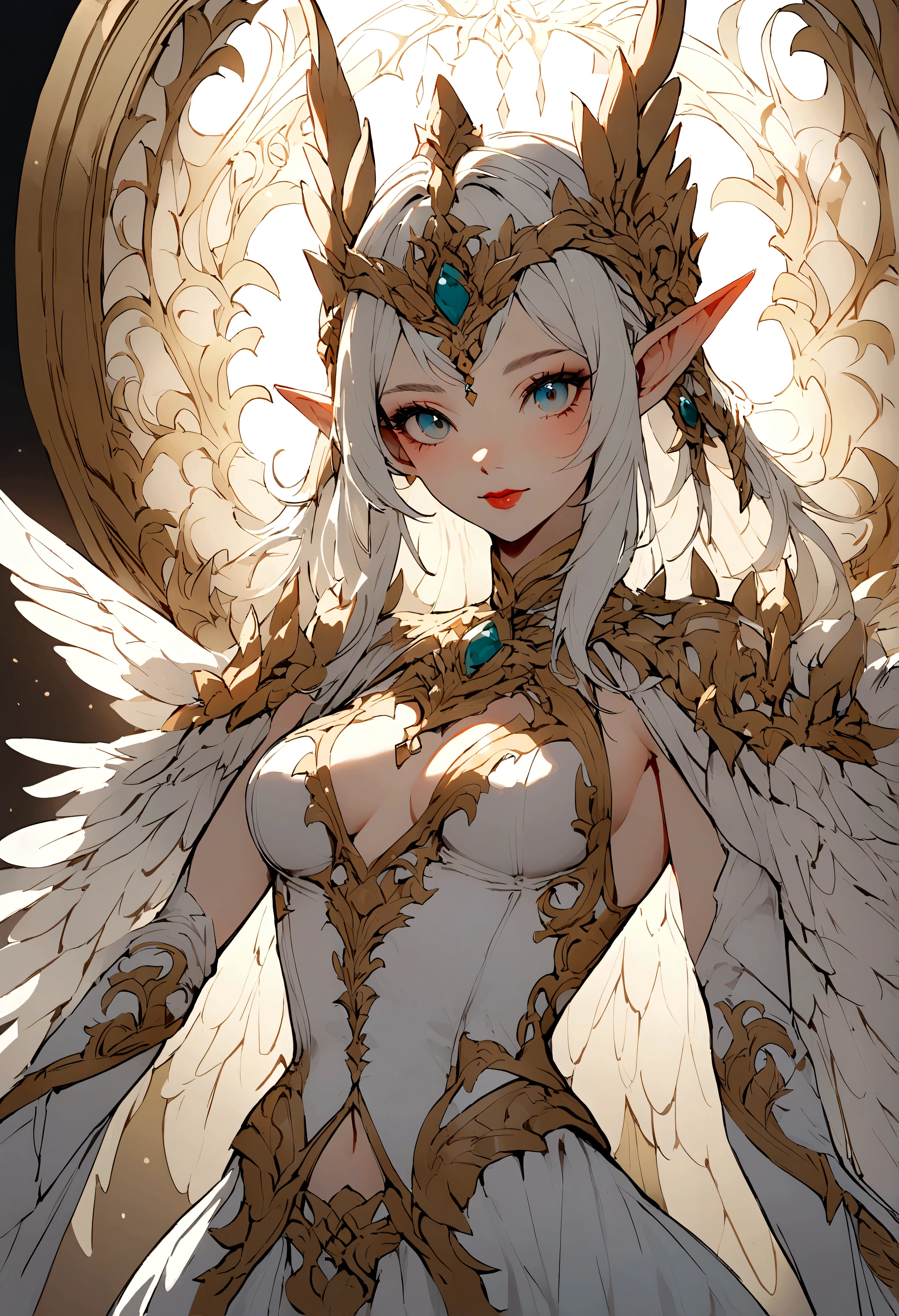 White clothes,wing, Highly detailed, Floral clothes,Elf Girl, Female magician