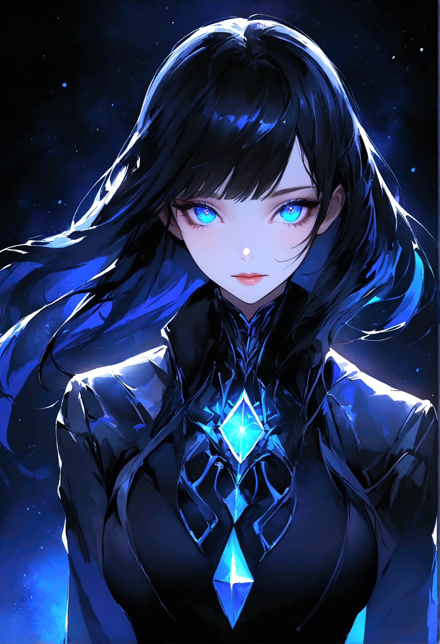 digital painting, we see a mysterious woman with glowing blue eyes wearing a sleek black jacket. The intensity of her gaze captivates the viewer, giving her an otherworldly and enigmatic aura. The dark background enhances the striking contrast of her radiant eyes, creating a sense of intrigue and mystique. The image exudes a sense of futuristic and space-like vibes, as if the woman is a traveler from another planet. The cool color palette of blues and blacks adds to the overall atmospheric and captivating nature of the composition. Short black hair with straight cut bangs
