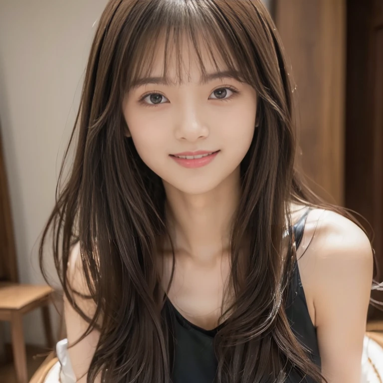 (Sensual look:1.9), ((Full Body Shot:1.9 Highest quality)), (panorama:1.8), Cinema Lighting, (RAW Photos, Highest quality), ( Realistic:1.4), realism, masterpiece, Very delicate and beautiful, Very detailed, 4k wallpaper, wonderful, finely, Very detailed CG unity 8k wallpaper, Very detailed, High resolution, Soft Light,Japanese, (one shot:1.9), (20-year-old:1.6), (Height: 155cm, Weight: 48Kg:1.9), (Round face:1.2), (Fat:0.8), Beautiful detailed woman,Famous Japanese actresses, Detailed face, finelyて美しい目, Very detailedな目と顔, Beautiful eyes and a beautifully detailed nose, (Straight Hair:1.4), Shiny Hair, Shiny Hair, Brown Hair, (bangs:1.4), Long, slender legs, Toned body, (Smiling:1.5), Natural Makeup, (Exquisitely designed camisole:1.6), Unwind in the living room,