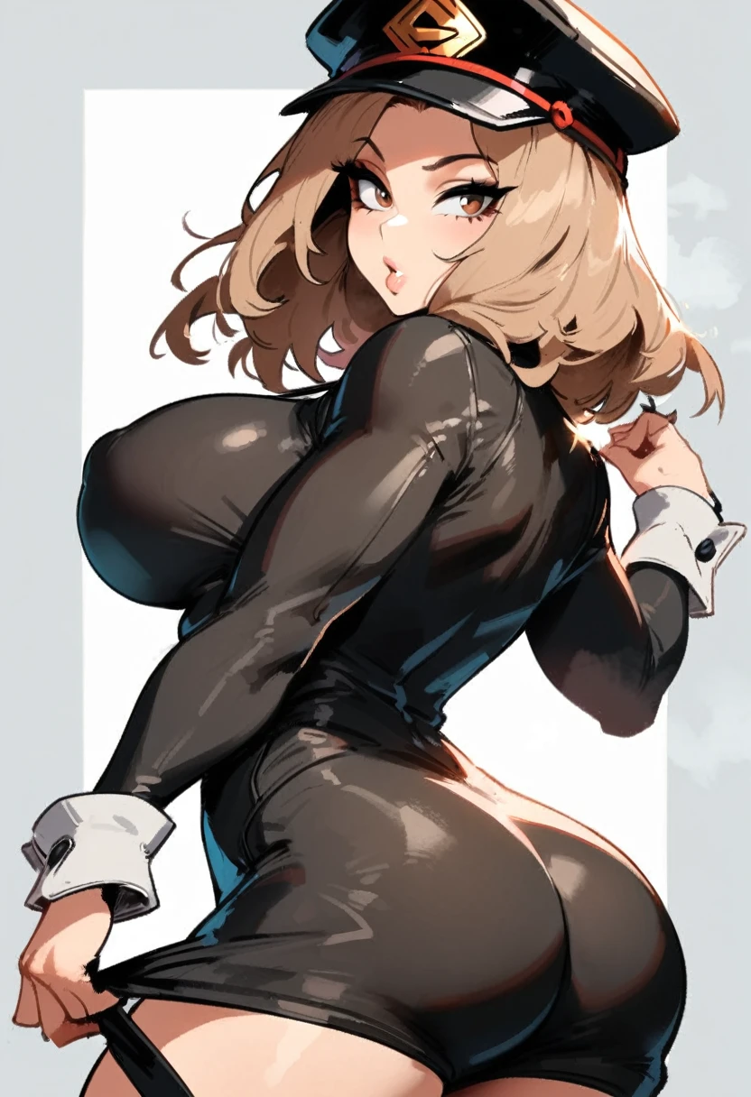1girl, utsushimi kemii, boku no hero academia \\\\\ masterpiece, best quality, very aesthetic, absurdres, newest \\\\\\ slim body,///// ,by nyantcha,cutesexyrobutts , by khyle,,////// beautiful face, light brown hair ,plump and glossy lips, . , , dark brown eyes,, cap, black catsuit . She wears white cuffs around her wrists,,standing, white background, (rear view:1.2), view,big