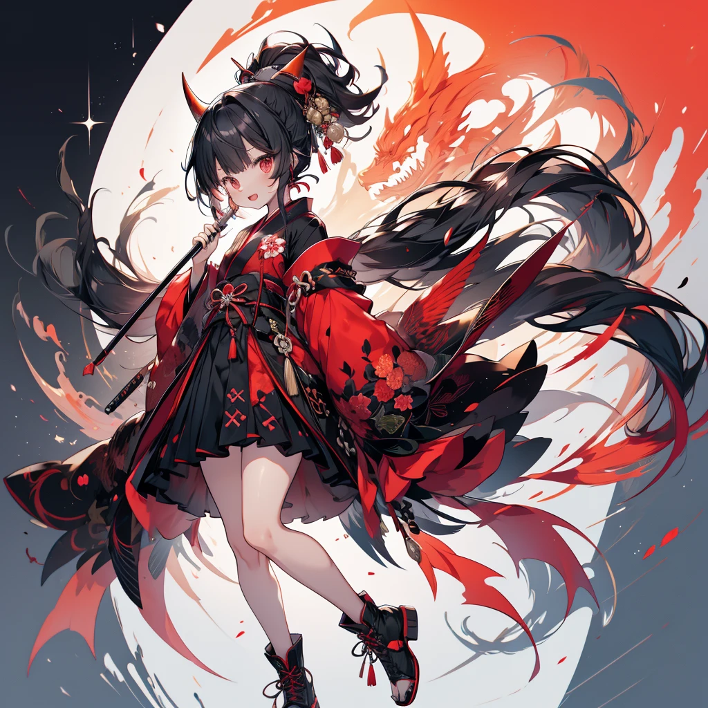 miyu miyuki chuuha nue the red dragon demon, One girl, alone, Long Hair, very Long Hair, horn, Black Hair, tail, Black nails, ponytail, kimono, smile, whole body, kimono, :d, bangs, heart, Sharp Claws, spoken heart, blunt bangs, Black footwear, Open your mouth, View your viewers, boots, black kimono