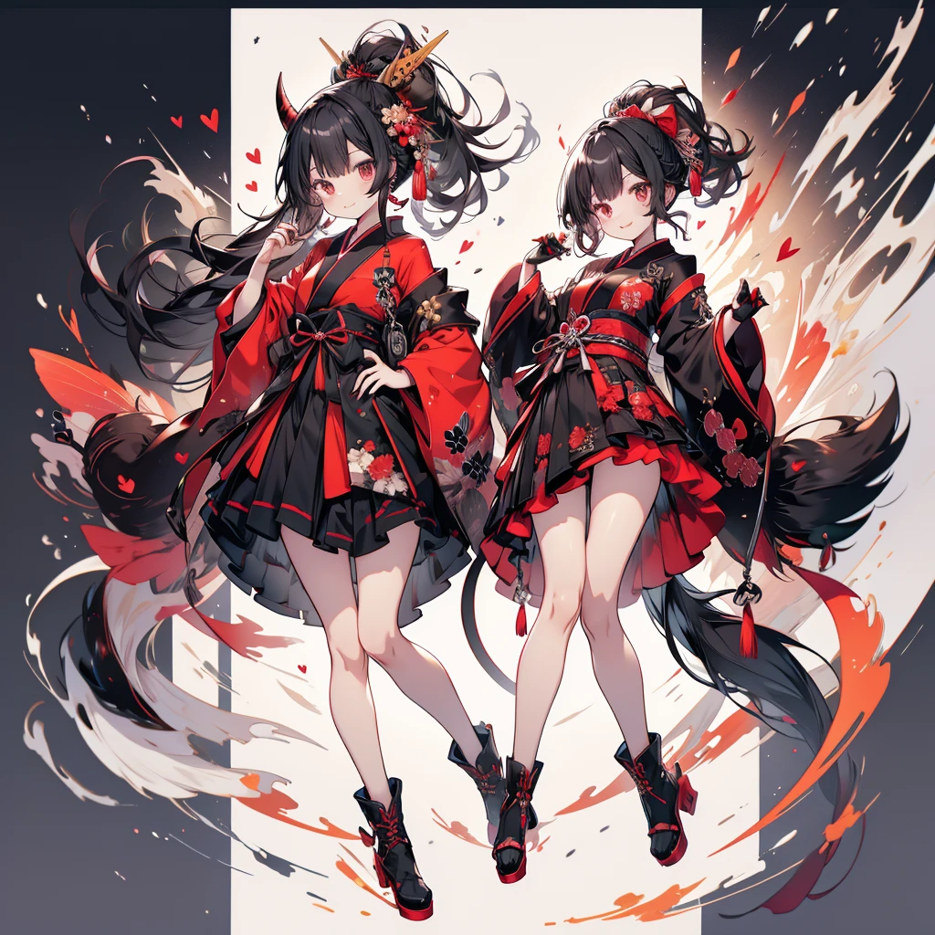 miyu miyuki chuuha nue the red dragon demon, One girl, alone, Long Hair, very Long Hair, horn, Black Hair, tail, Black nails, ponytail, kimono, smile, whole body, kimono, :d, bangs, heart, Sharp Claws, spoken heart, blunt bangs, Black footwear, Open your mouth, View your viewers, boots, black kimono
