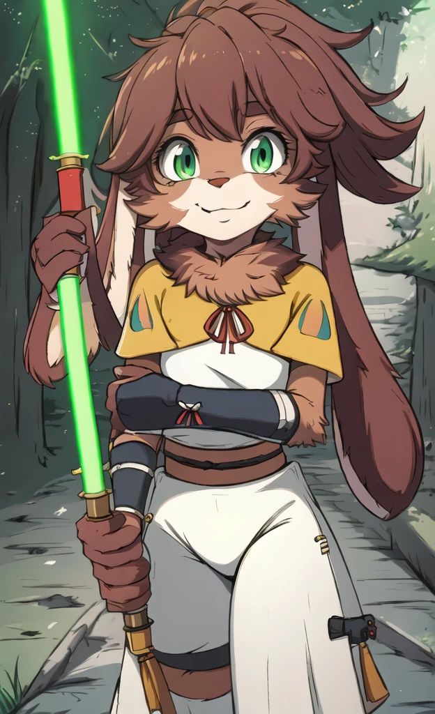 (masterpiece, best quality: 1.2), solo, 1girl, Lop, smile, looking at the viewer, lightsaber, hands on dark saber, green lightsaber, realistic lightsaber