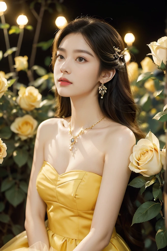 (((best quality))),(((ultra detailed))),(((masterpiece))),illustration, a stunning young girl amidst a sea of yellow roses,strapless yellow rose petal bra,slim,thin, fair skin,shoulder length straight chestnut hair,earrings,necklace,intricate patterns, embellishments, ethereal charm, sparkling eyes, gentle smile,flat chest,small breasts, innocence and grace, yellow roses background, full bloom, fragrance of roses, enchanting presence, delicate fingers, admiration, beauty and nature blend, striking appearance, vibrant yellow color, harmonious equilibrium,lasting impression,standing,((close-up of face,from front)),night scene,