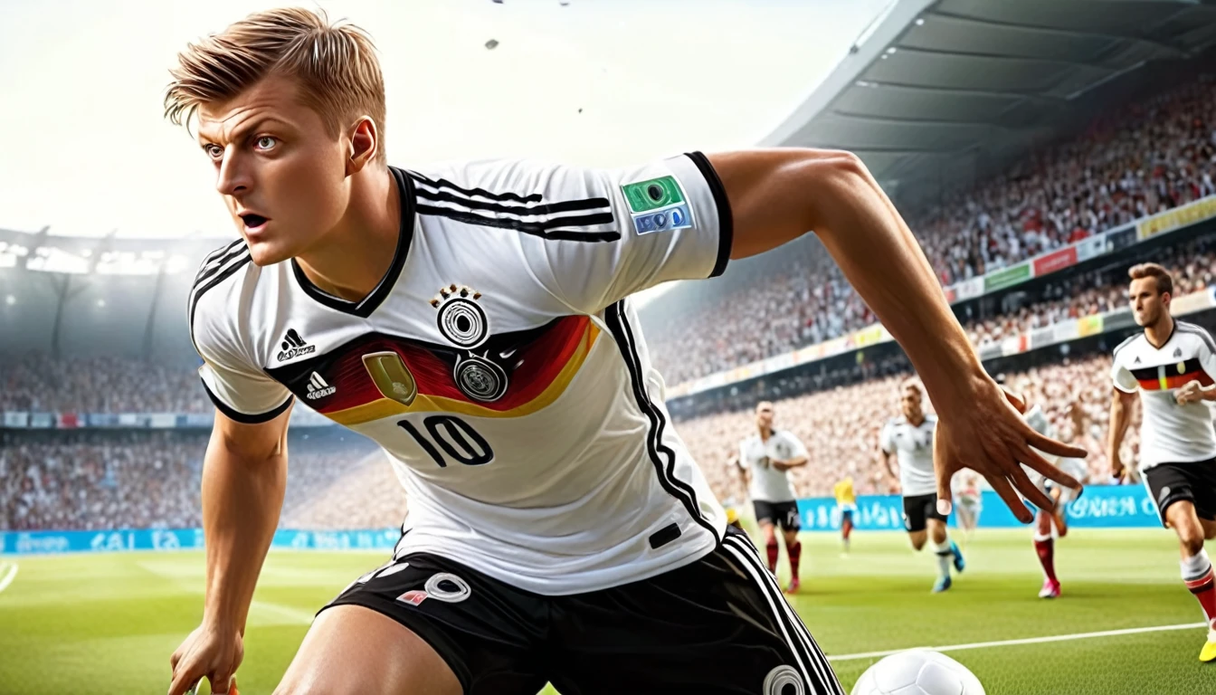 high quality, hyperdetailed, 3d, dynamic, dramatic lighting, highly detailed, photorealistic, 1 german male soccer team, soccer players, athletes, football, soccer, team, sports, sports uniforms, soccer jerseys, cleats, soccer ball, soccer field, stadium, crowds, cheering fans, flags, banners, action pose, muscular figures, sweat, motion blur, depth of field, germnan flag on jersey, (Toni Kroos)