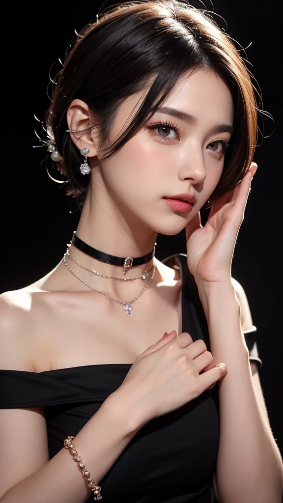 necessity, alone, 1 girl, 검은 Fingernail, jewel류, Short hair, looking at viewer, choker, necklace, piercing, ((black background)), heart mark, closed mouth, gray eyes, manicure, simple background, gray hair, ear piercing, Black choker, laugh, Eyelashes, Lips, Put your hand on your own cheek, forehead, bracelet, bead, jewel, earring, Fingernail