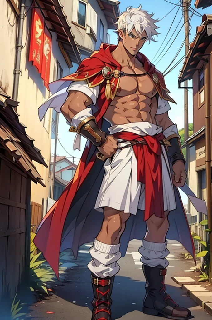 The highest image quality,male people,,ung boy,young and handsome,Shoun,white hair,short straight hair,darkskin,Anime big breast,anime wallpaper,standing alone,male focus,underpants,Dilation of the pectoral muscles,red cloak,protruding crotch,Urban Background,spread their legs,sexly,(master part, best quality),long white socks,Red Martin Boots,no shirt, green eyes, green colored fire on left eye.