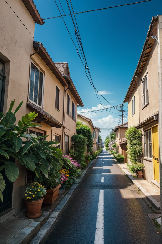 masterpiece, official art, Wave Art Style, (masterpiece, best quality, ultra-detailed, highres), bicycle, no humans, outdoors, power lines, rain, utility pole, ground vehicle, plant, scenery, road, street, house, building, potted plant, sign, window, flower, air conditioner, flower pot, sky, high detailed, 8k, outrun, electric light wires, ultra sharp, extremely detailed, Photorealistic, stars