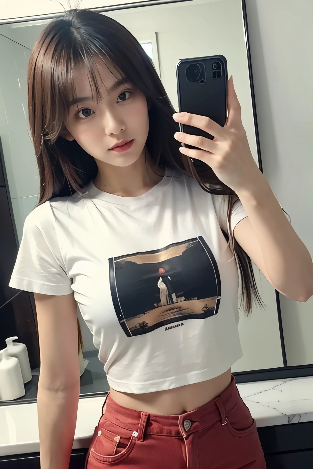 1 girl , photography, asian , ((realistic, natural, ultra realistic )), beautiful, long cruelly hair , (mirror selfie) , casual crop top t-shirt, hot pants , looking at me