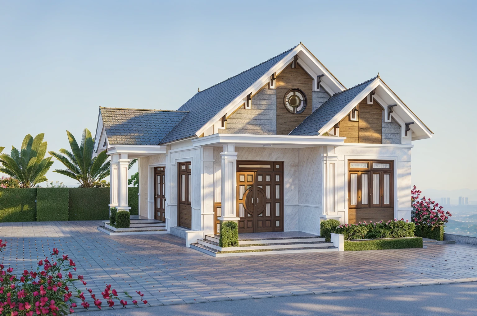 PLATEFORME KTHOUSE, Beaucoup de belles fleurs rouges le long de la route :0,9, Romantique, 1 maison de style néoclassique :1,3, Maison de ville construite avec des murs blancs :1,3, Belle lumière, belle journée, Beaucoup de fleurs de bougainvilliers rouges le long de la route : 0,9, belles et jeunes sensation : 1,3, soleil de midi, belle ombre, toit de tuiles bleues