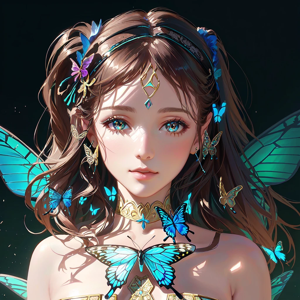 wearing butterfly decoration, butterfly decor, butterfly earring, butterfly hairband, beautiful fairy, beautiful fairy portrait, fantasy concept,pretty girl face,photo realism, cinematic rendering, ray tracing, highest quality, highest detail, Cinematic,8K, Ultra-HD, Natural Lighting,