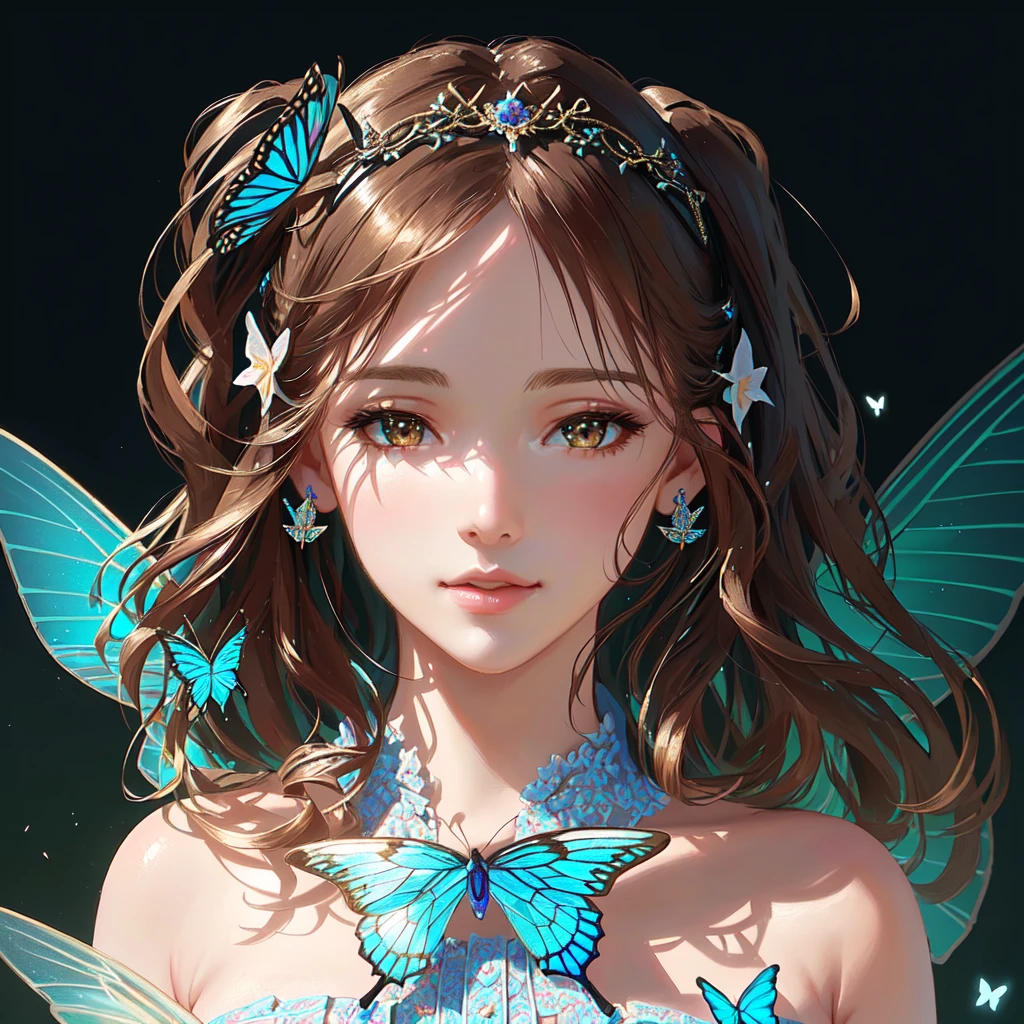 wearing butterfly decoration, butterfly decor, butterfly earring, butterfly hairband, beautiful fairy, beautiful fairy portrait, fantasy concept,pretty girl face,photo realism, cinematic rendering, ray tracing, highest quality, highest detail, Cinematic,8K, Ultra-HD, Natural Lighting,