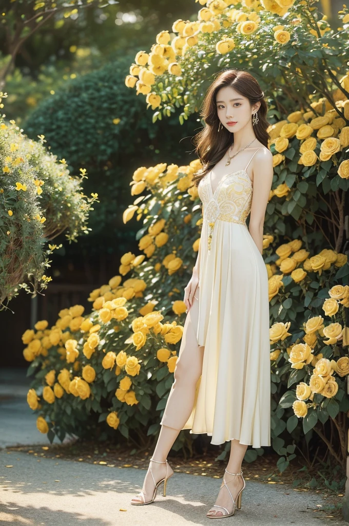 (((best quality))),(((ultra detailed))),(((masterpiece))),illustration, a stunning young girl amidst a sea of yellow roses, yellow rose petal dress,slim,thin, fair skin,shoulder length straight chestnut hair,earrings,necklace,intricate patterns, embellishments, ethereal charm, sparkling eyes, gentle smile,flat chest,small breasts, innocence and grace, yellow roses background, full bloom, fragrance of roses, enchanting presence,admiration, beauty and nature blend, striking appearance, vibrant yellow color, harmonious equilibrium,lasting impression,((standing,arms behind back)),((full body,from front)),night scene,slender legs,high heels