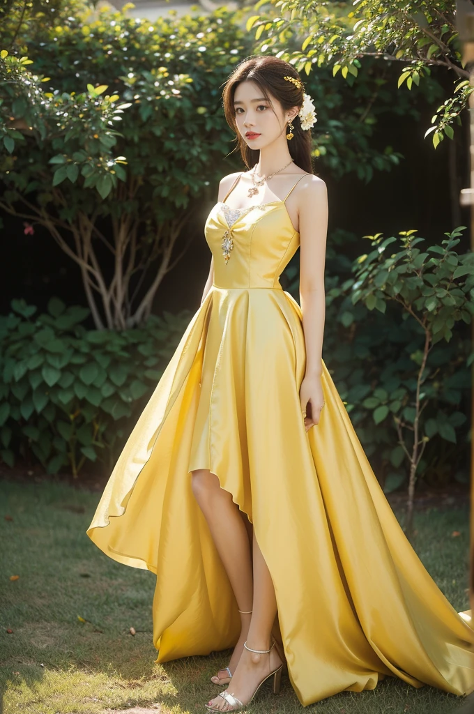 (((best quality))),(((ultra detailed))),(((masterpiece))),illustration, a stunning young girl amidst a sea of yellow roses, yellow rose petal dress,slim,thin, fair skin,shoulder length straight chestnut hair,earrings,necklace,intricate patterns, embellishments, ethereal charm, sparkling eyes, gentle smile,flat chest,small breasts, innocence and grace, yellow roses background, full bloom, fragrance of roses, enchanting presence,admiration, beauty and nature blend, striking appearance, vibrant yellow color, harmonious equilibrium,lasting impression,((standing,arms behind back)),((full body,from front)),night scene,slender legs,high heels