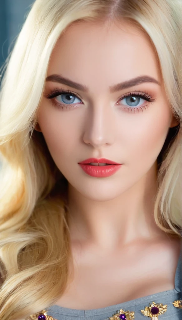 Leila、20-year-old、(Russian women)、(Cute face)、(Sexy features)、Grey Eyes、thick upper lip、Blonde medium-long hair、Large Breastodel Style